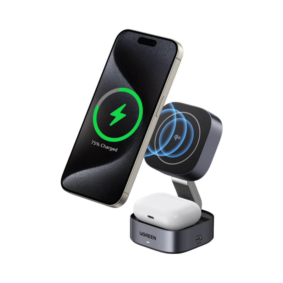 UGREEN MagFlow 2-in-1 Wireless Charger (Qi2 15W, MagSafe Compatible , Foldable)