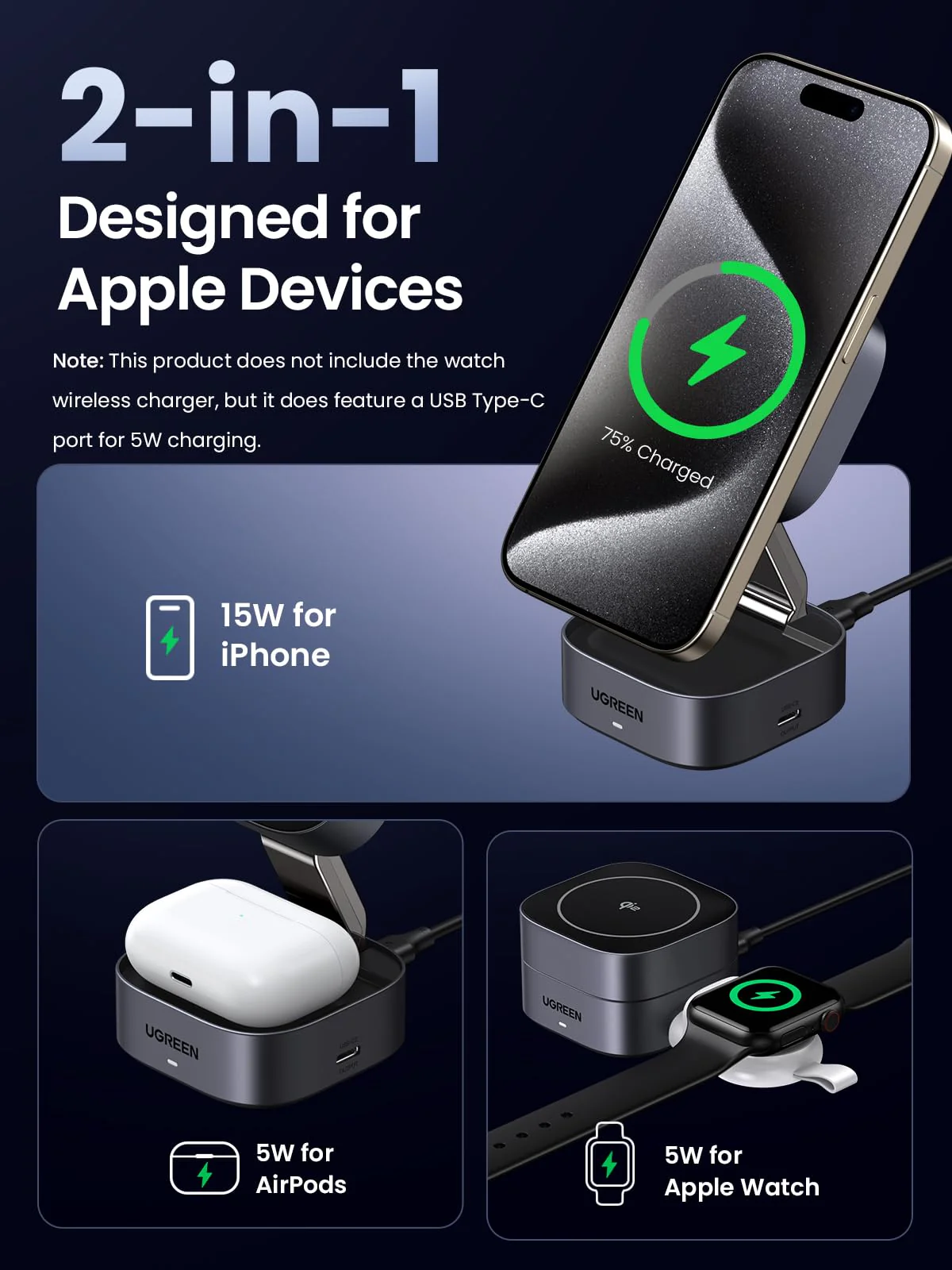 UGREEN MagFlow 2-in-1 Wireless Charger (Qi2 15W, MagSafe Compatible , Foldable) - Image 3