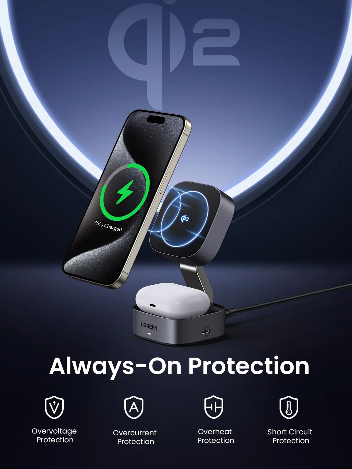 UGREEN MagFlow 2-in-1 Wireless Charger (Qi2 15W, MagSafe Compatible , Foldable) - Image 7