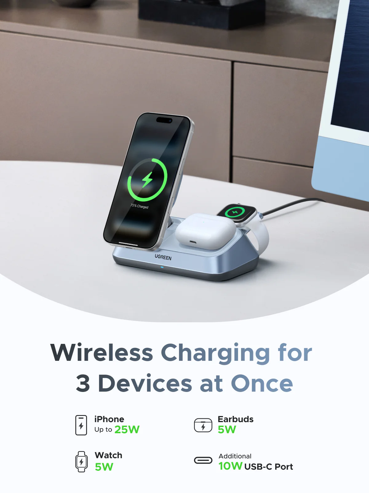 UGREEN MagFlow 3-in-1 Magnectic Wireless Desktop Charger 25W - Image 6