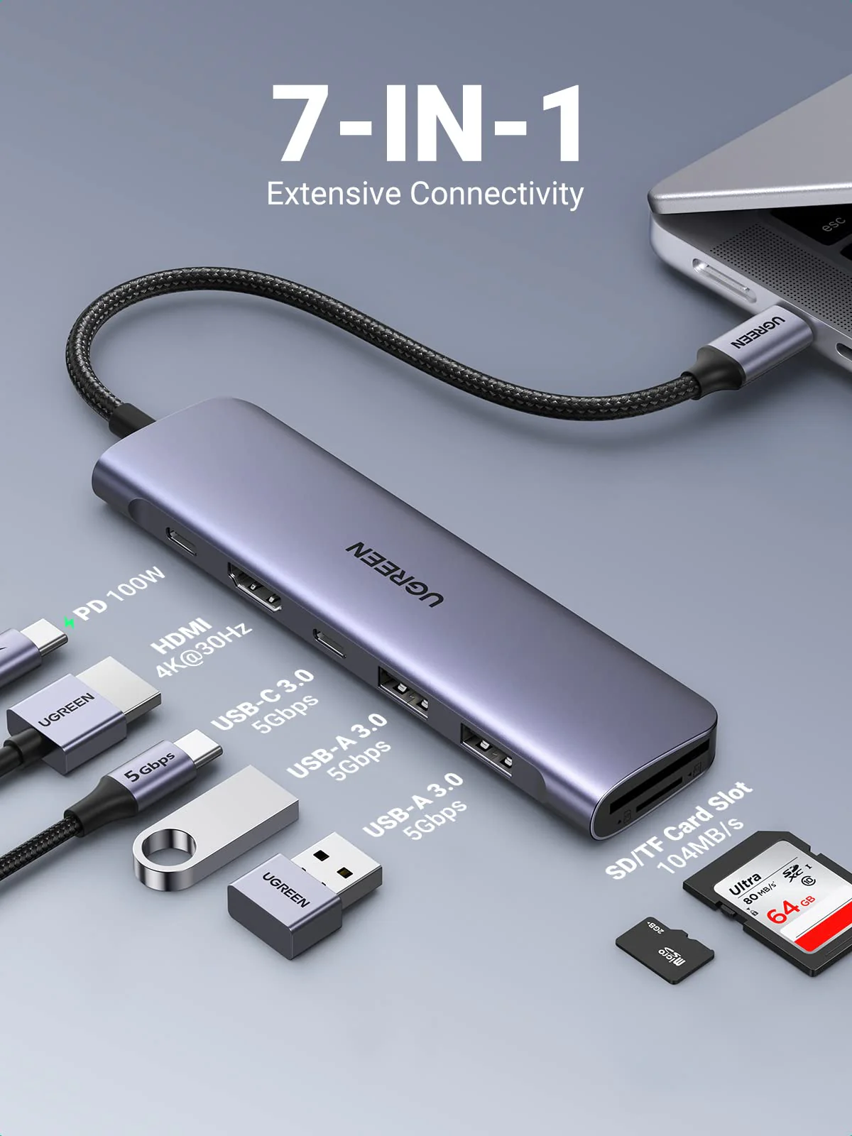 UGREEN Revodok 1071 7-IN-1 USB-C Hub (95W PD, 4K@30Hz HDMI) - Image 2