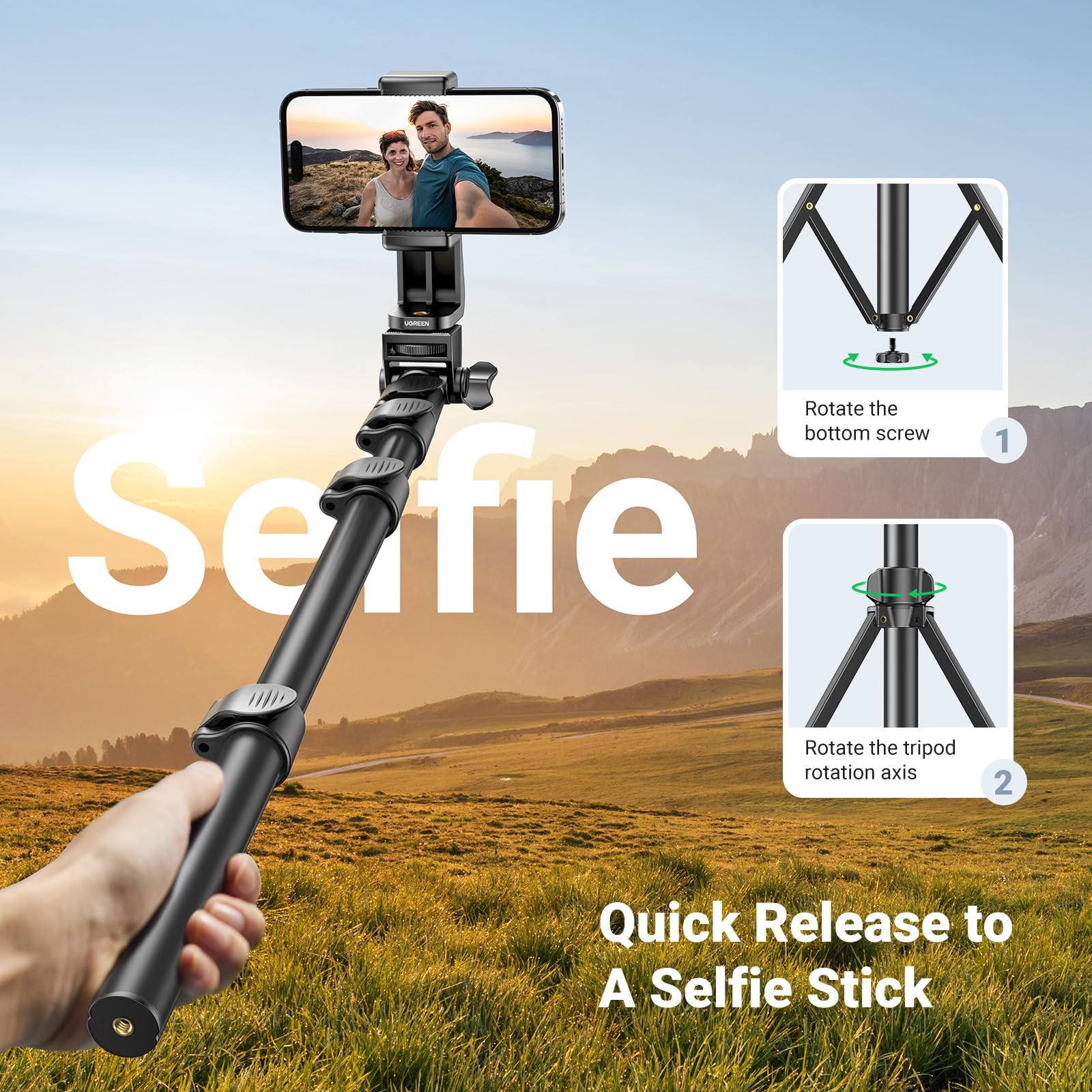 UGREEN 70 inch Aluminum Phone Tripod with Bluetooth Remote - Image 7