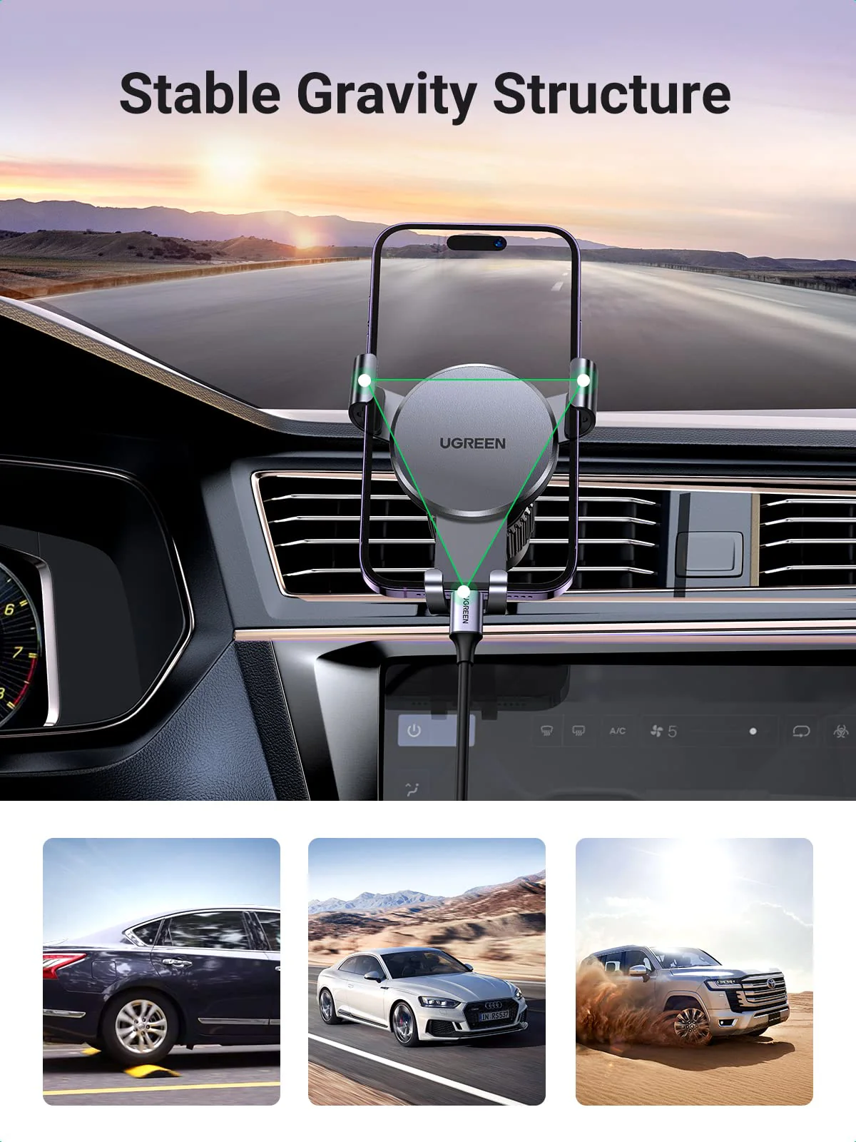 UGREEN Auto Lock 360° Adjustable Air Vent Car Phone Holder (Black) - Image 4